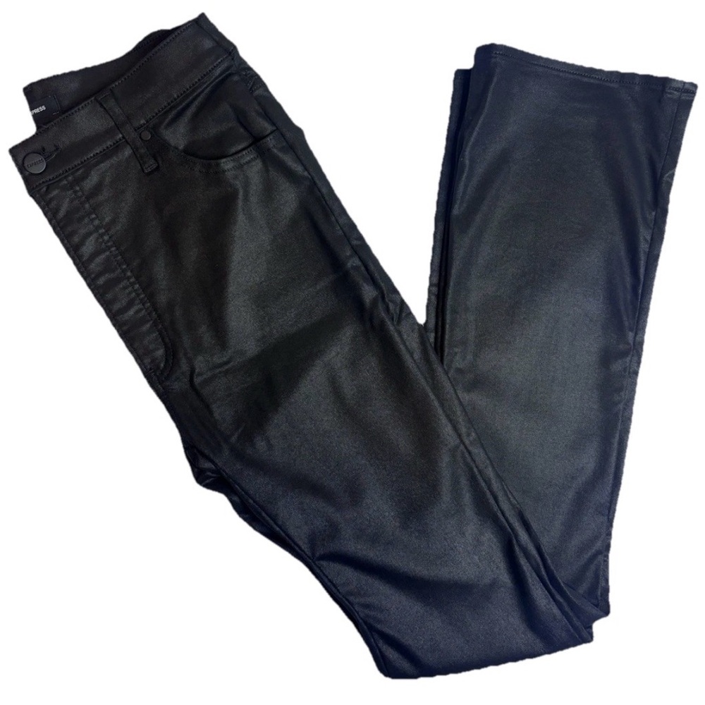 0165- Express 90s Slim Super High Rise Coated Jeans Black Faux Leather Size 14R